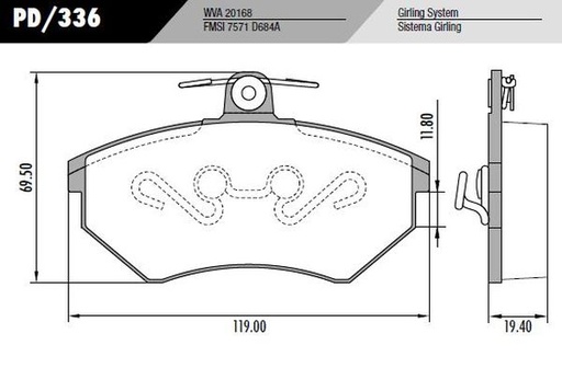 [PD336] [Frasle] PASTILLA A4 GOLF C/TENSOR  119x70x19,4/12  DEL